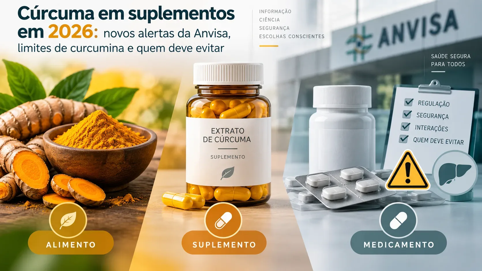 Capa editorial dividida entre cúrcuma culinária, frasco de cápsulas de extrato e medicamentos, com sinais de alerta e referência visual à Anvisa.