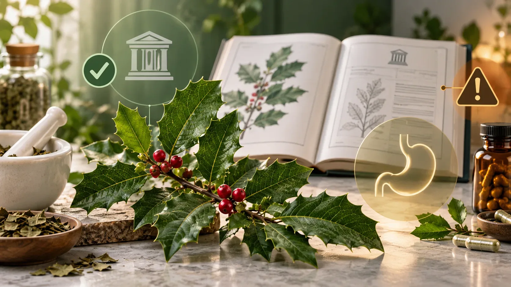 Ramo de planta com folhas verdes espinhosas e frutos vermelhos diante de livro botânico aberto, almofariz e símbolos de aprovação, alerta e estômago.