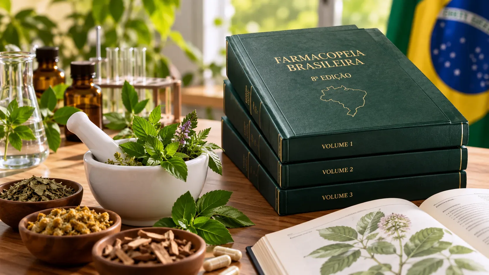 Livros verdes da Farmacopeia Brasileira sobre bancada com plantas medicinais, almofariz, vidraria de laboratório e bandeira do Brasil ao fundo.