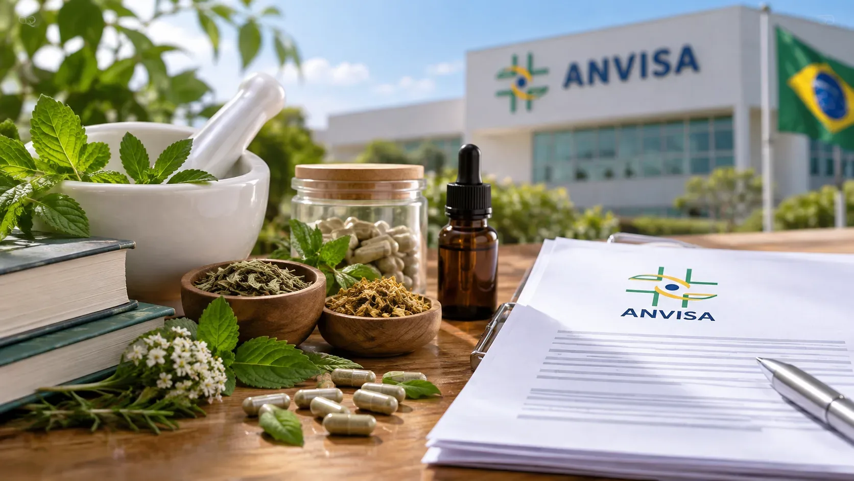 Mesa com plantas medicinais, almofariz, cápsulas, frasco conta-gotas e documentos da Anvisa, com prédio institucional e bandeira do Brasil ao fundo.