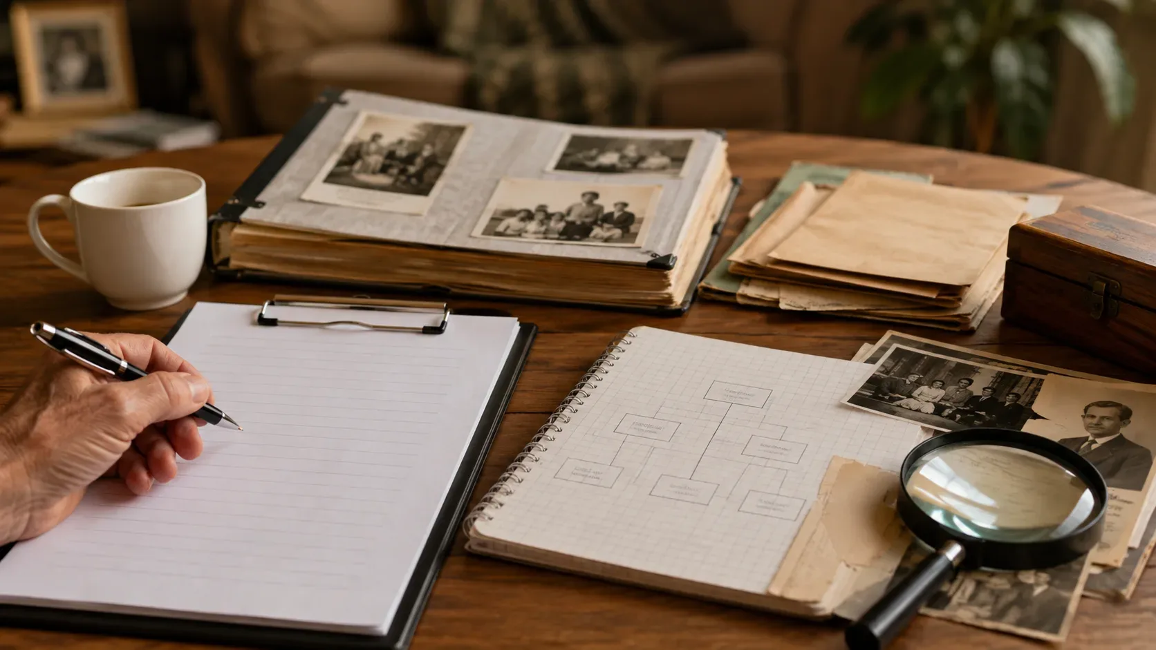 Ficha de entrevista familiar ao lado de uma matriz que relaciona lembranças a documentos de pesquisa genealógica.