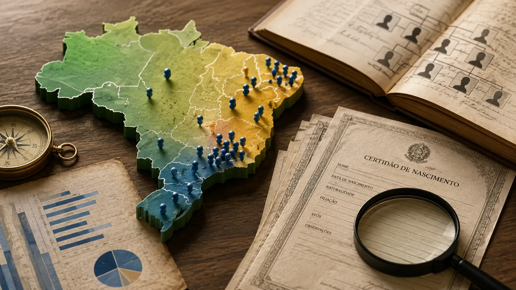 Mapa estilizado do Brasil com marcadores de frequência de sobrenomes e documentos de registro civil ao lado