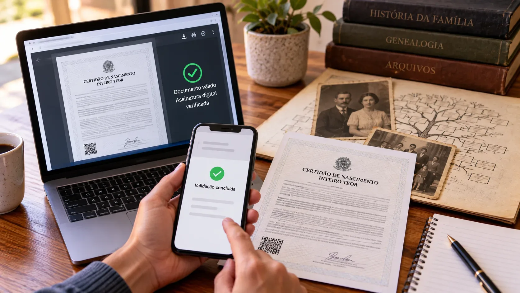 Mesa de pesquisa genealógica com notebook exibindo certidão eletrônica validada, celular com confirmação de validação, fotografias antigas e árvore familiar.