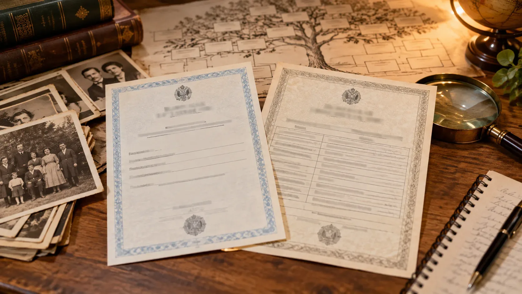 Duas certidões sobre uma mesa de pesquisa com fotografias antigas de família, árvore genealógica ao fundo, lupa, livros, globo e caderno.