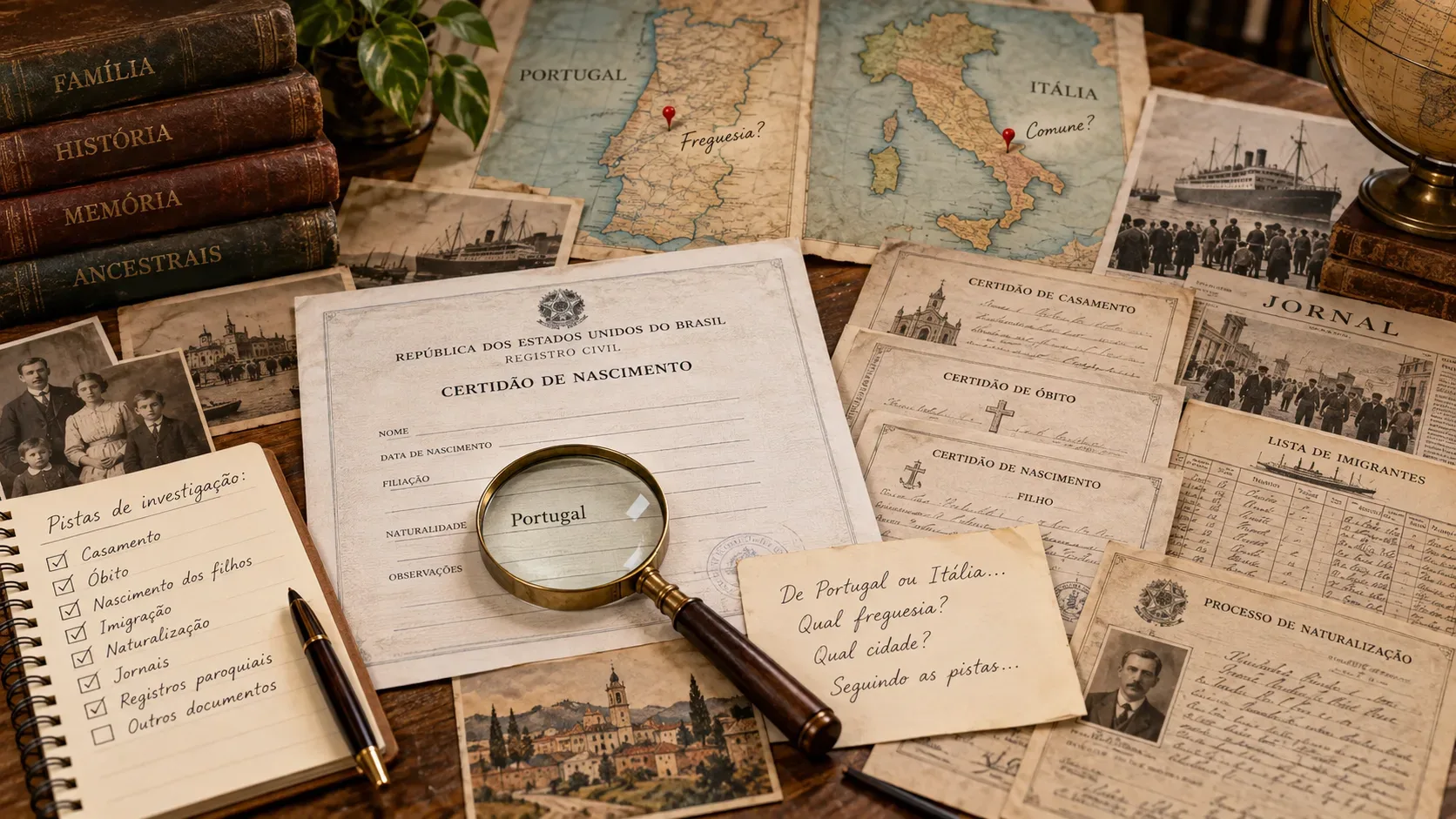 Mesa de pesquisa genealógica com certidão brasileira sob uma lupa, mapas de Portugal e Itália, fotografias antigas, listas de imigrantes e documentos de naturalização.