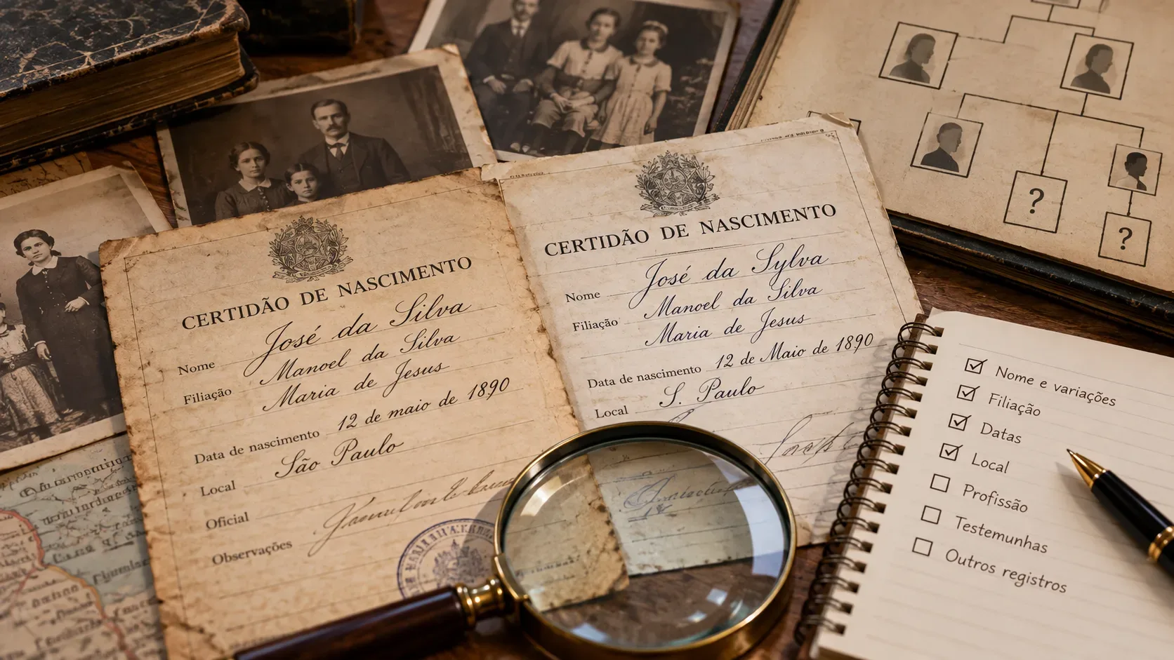 Mesa de pesquisa genealógica com duas certidões antigas de grafias diferentes, fotografias de família, árvore genealógica, lupa e caderno de verificação.