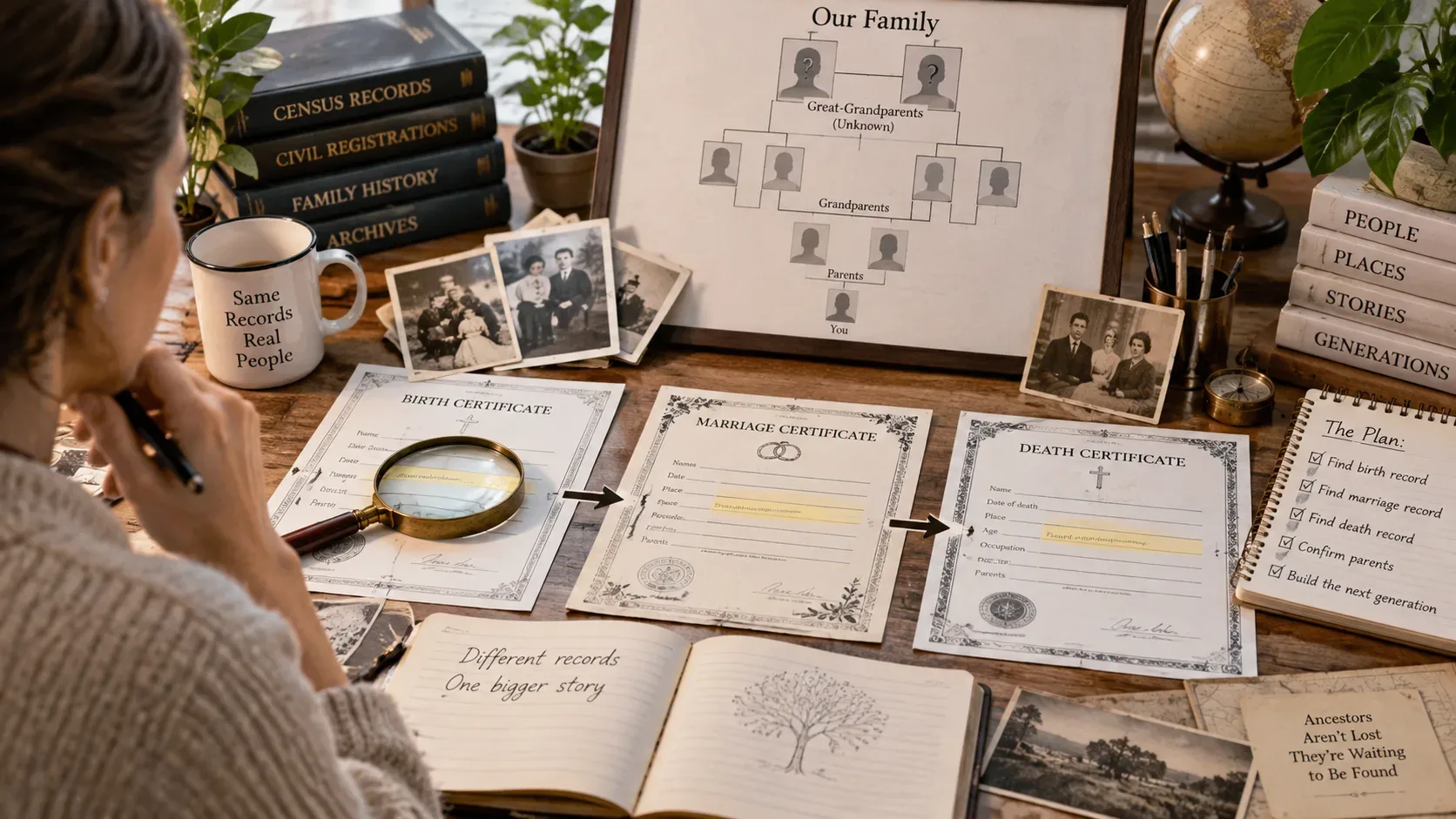 Pessoa pesquisa uma árvore genealógica em uma mesa com certidões de nascimento, casamento e óbito, fotos antigas e uma lupa.