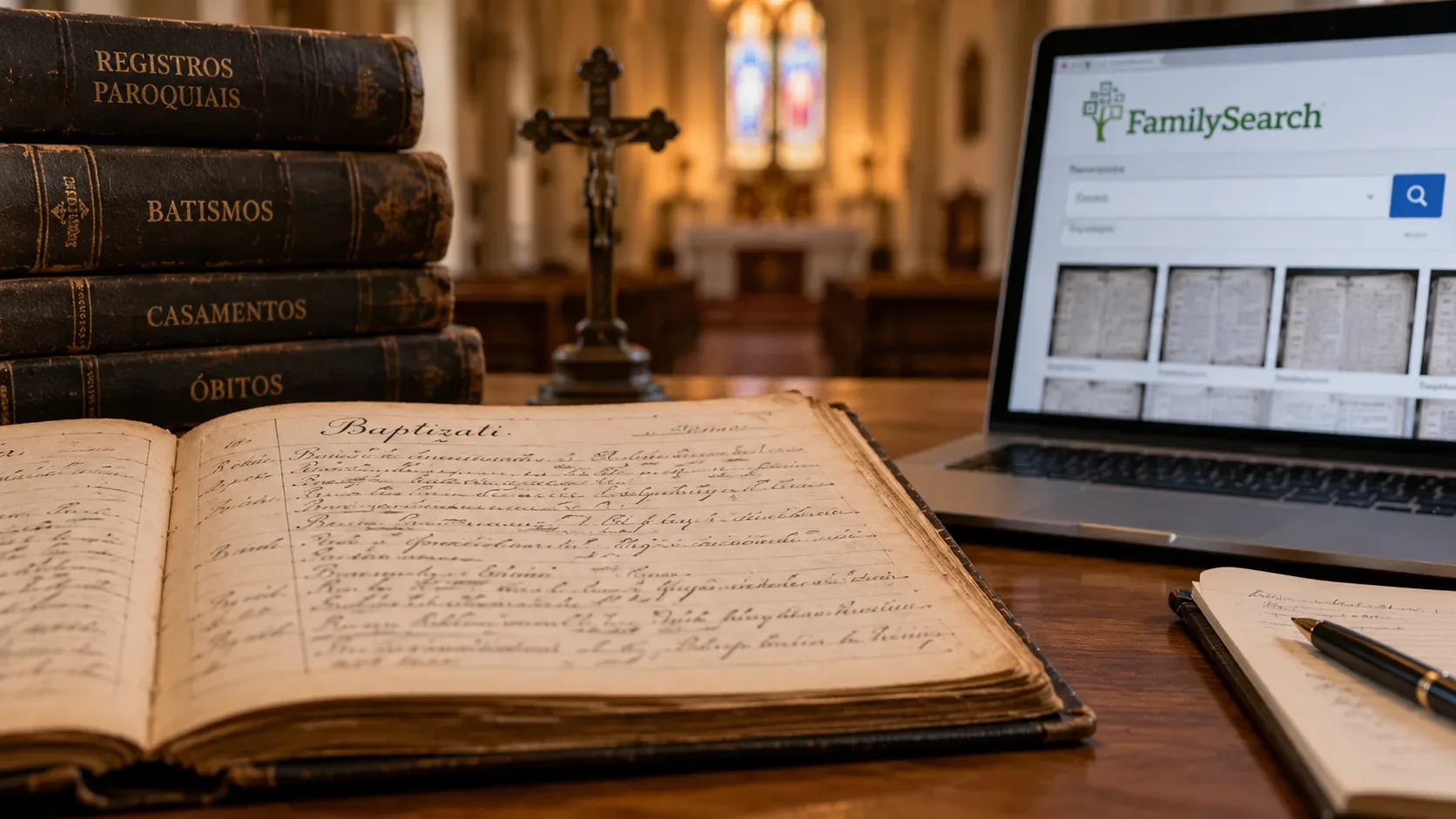 Livro paroquial de batismos aberto sobre uma mesa, volumes antigos, crucifixo e notebook com o FamilySearch ao fundo de uma igreja.