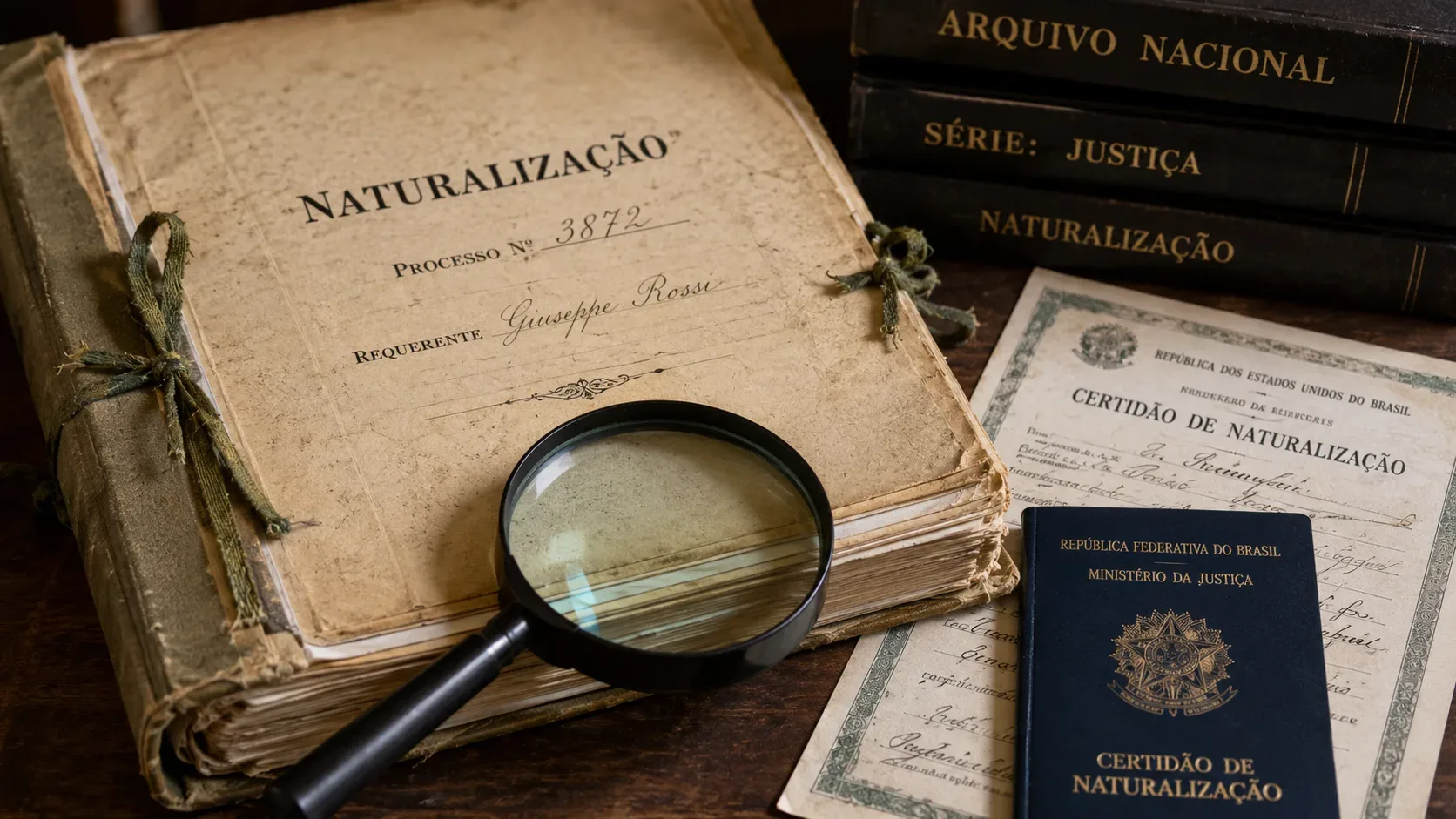 Dossiê antigo de naturalização sobre mesa de arquivo, com lupa, livros de registro e uma certidão ao lado.