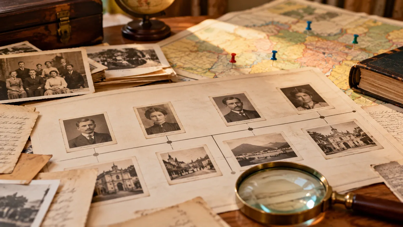 Fotografias antigas, documentos históricos e mapa com alfinetes sobre uma mesa, junto a um diagrama genealógico e uma lupa.