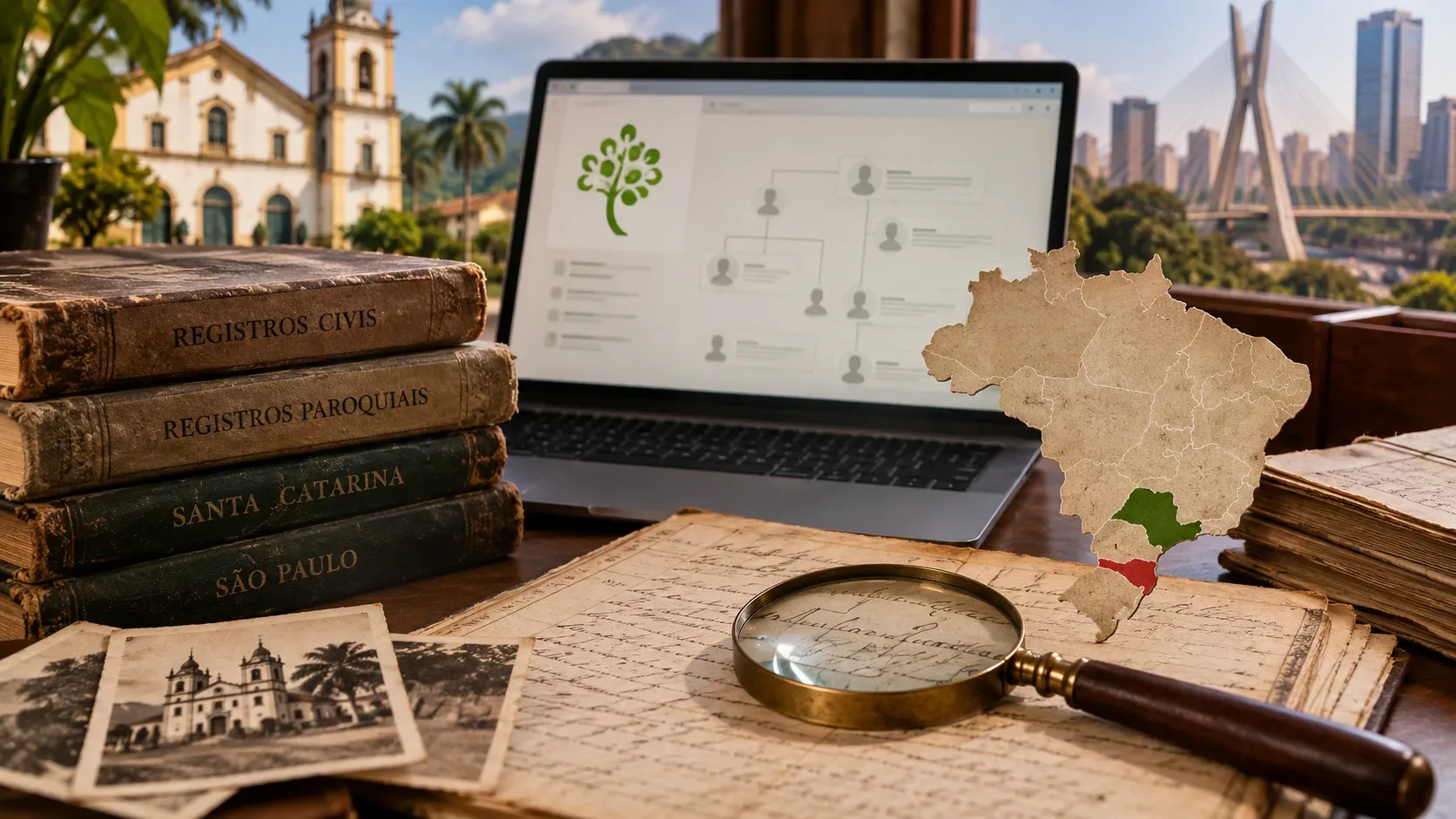 Mesa de pesquisa genealógica com notebook exibindo árvore familiar, livros antigos de registros civis e paroquiais, mapa do Brasil destacando São Paulo e Santa Catarina, documentos manuscritos e lupa.