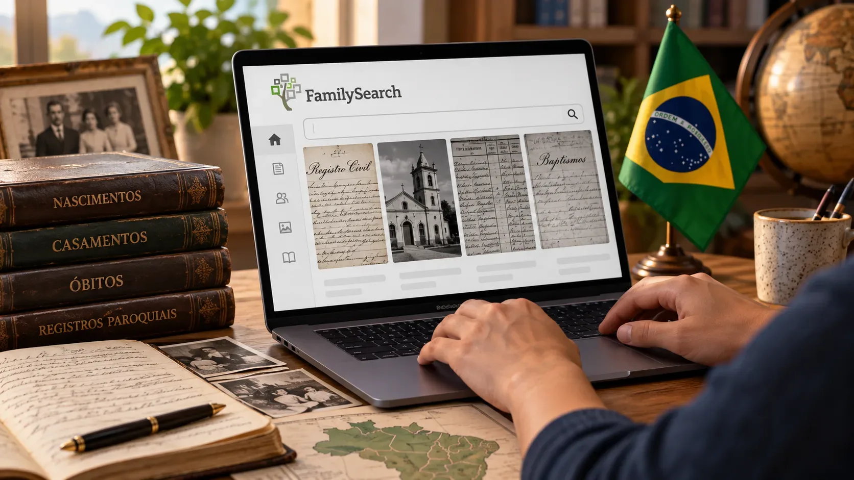 Pesquisador usa um notebook com uma tela do FamilySearch diante de livros de nascimentos, casamentos, óbitos e registros paroquiais, documentos antigos e uma bandeira do Brasil.
