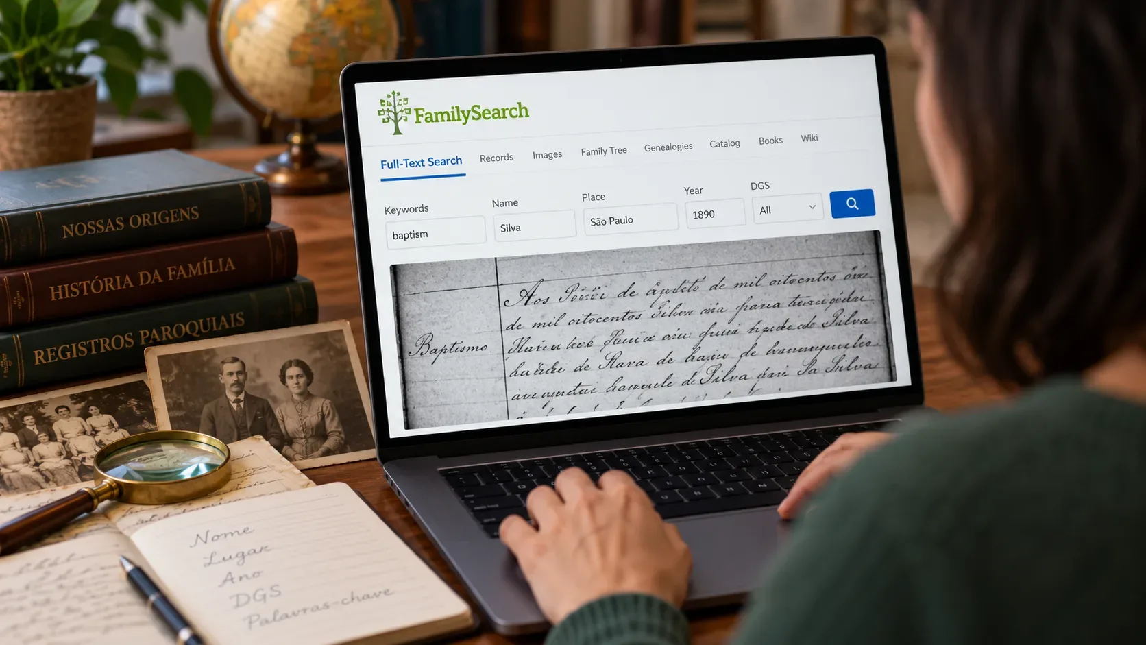 Pessoa pesquisando registros genealógicos no FamilySearch em um notebook cercado por fotografias antigas, livros e uma lupa.