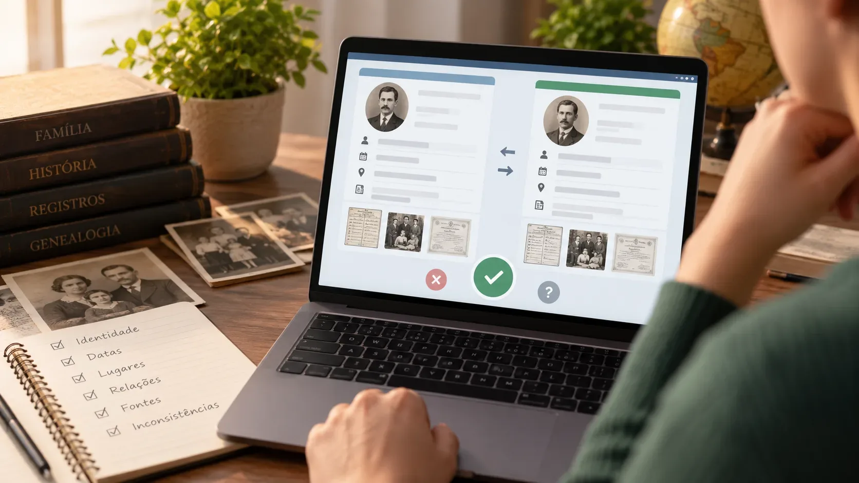 Pessoa compara dois perfis genealógicos lado a lado em um notebook, cercada por fotos antigas, livros de família e anotações de pesquisa.