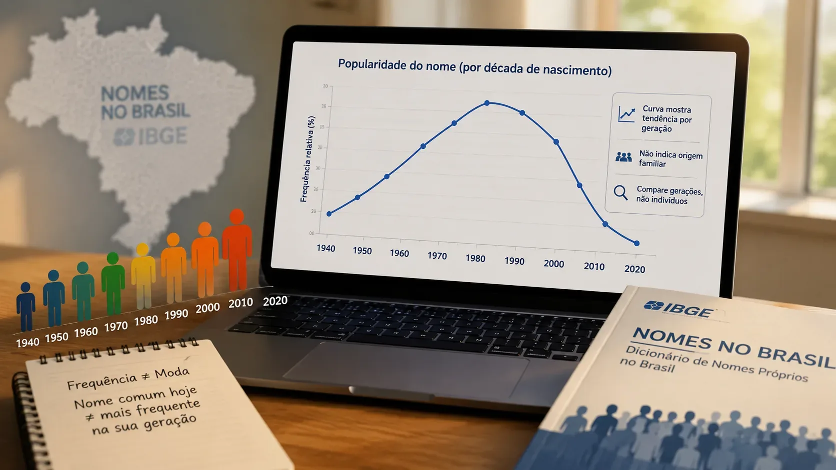 Notebook e laptop sobre uma mesa mostram uma curva de popularidade de nomes por década, com mapa do Brasil e referências visuais ao IBGE.