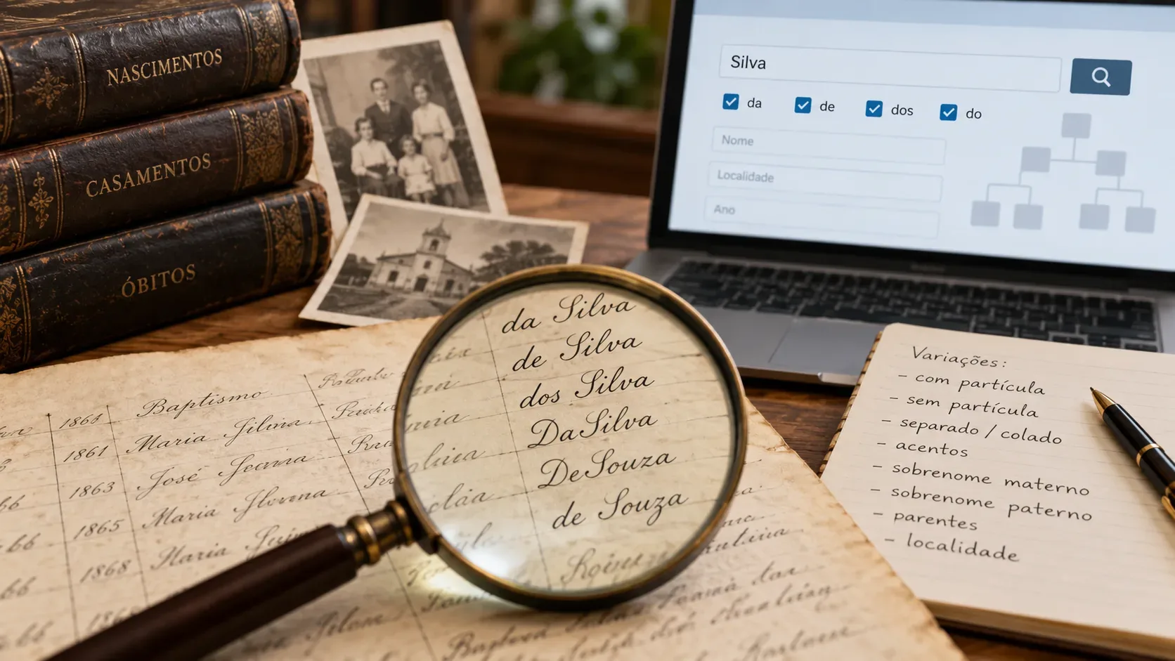 Mesa de pesquisa genealógica com documentos antigos, lupa sobre variantes de sobrenomes e notebook com busca por Silva.