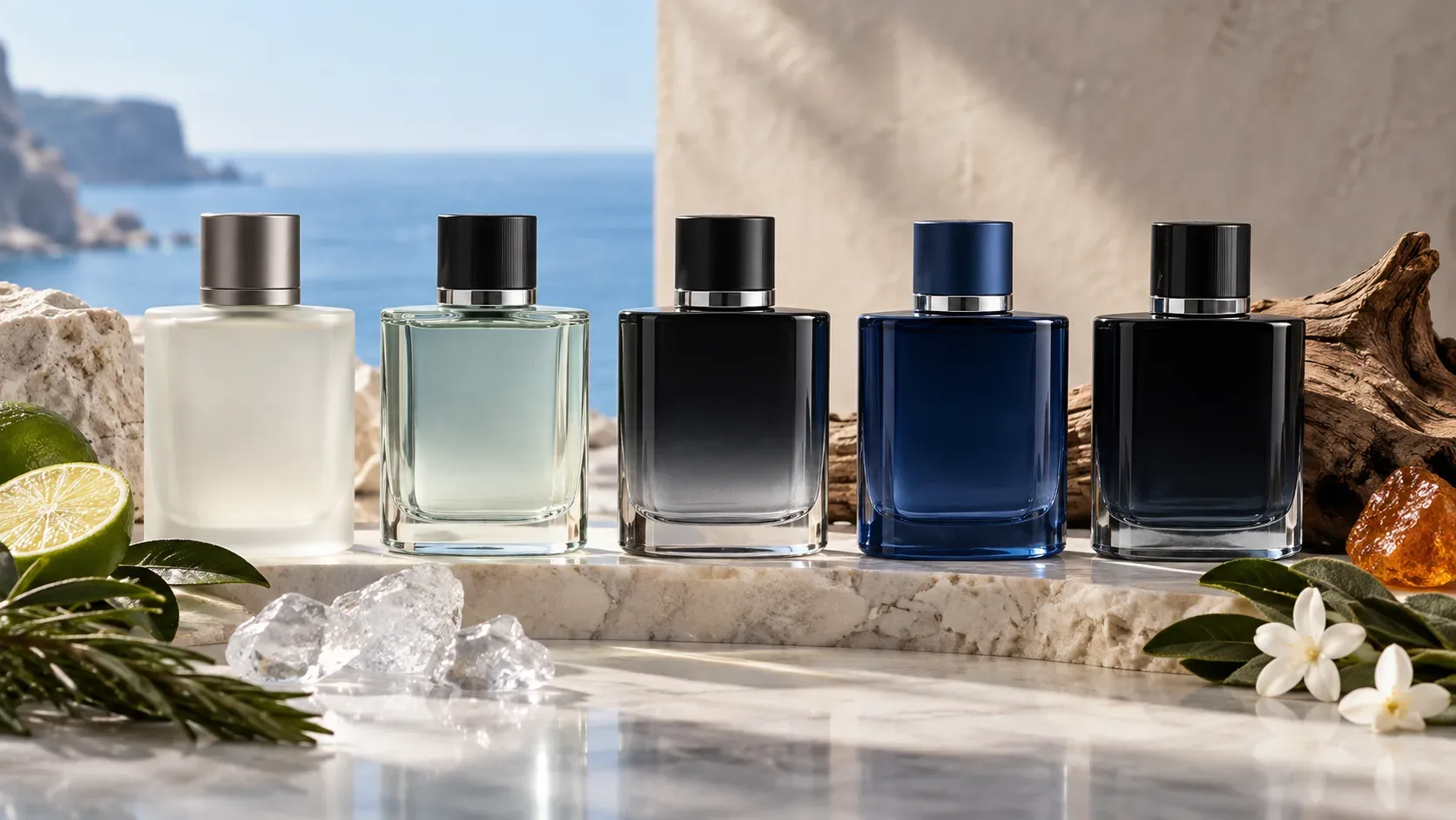 Cinco frascos de perfume sem rótulo em tons claros, azul e preto sobre pedra, com mar ao fundo, limão, ervas, cristais, madeira e flores brancas.