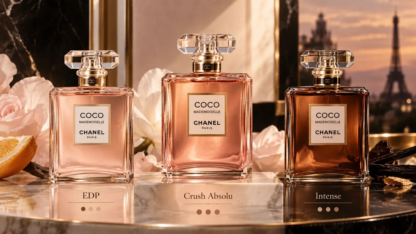 Três frascos de Coco Mademoiselle em tons rosa e âmbar, alinhados diante de um cenário parisiense, com as identificações EDP, Crush Absolu e Intense na base.