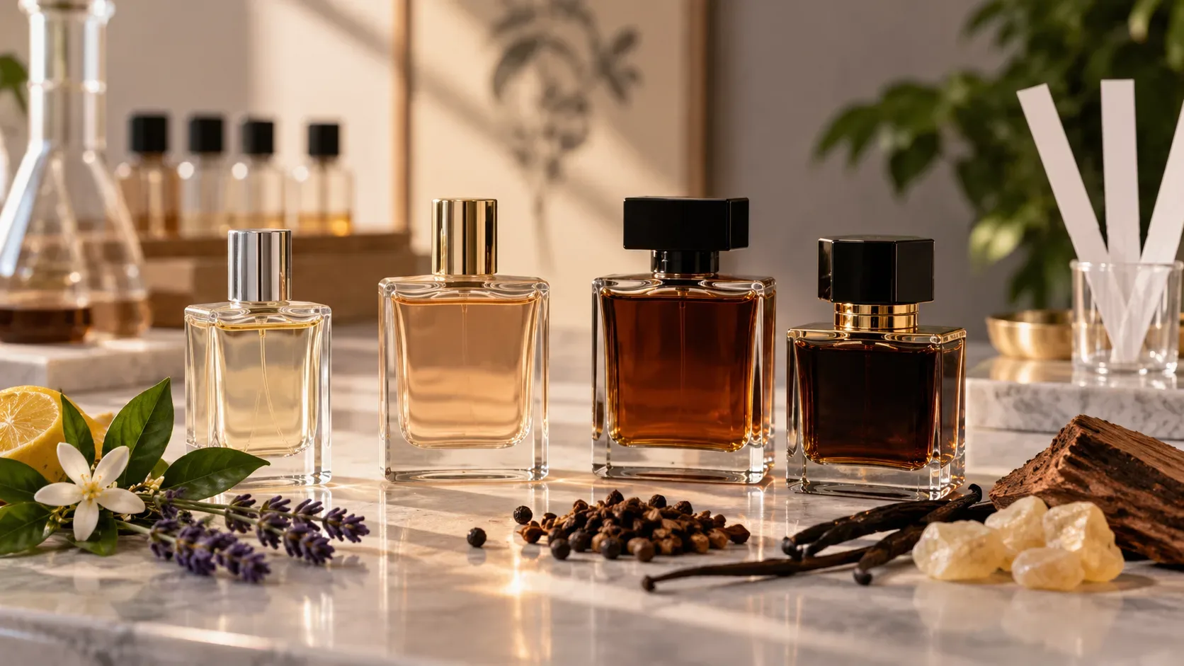 Quatro frascos de perfume sem rótulo com líquidos de diferentes tonalidades, cercados por cítricos, flores, especiarias, baunilha e resinas sobre uma bancada de mármore.
