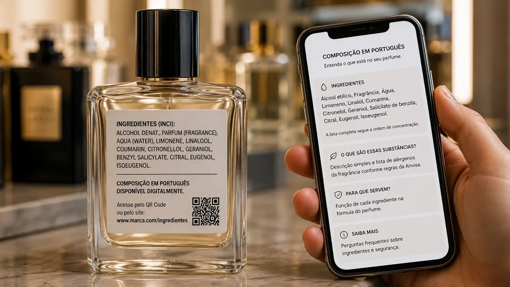 Frasco de perfume ao lado de smartphone exibindo composição em português, com lista INCI e QR code visíveis no rótulo.