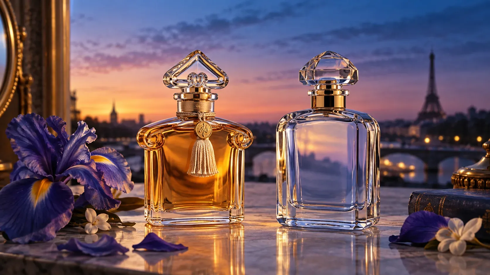 Dois frascos de perfume ornamentados sobre mármore, cercados por flores de íris, diante de Paris ao entardecer com a Torre Eiffel ao fundo.
