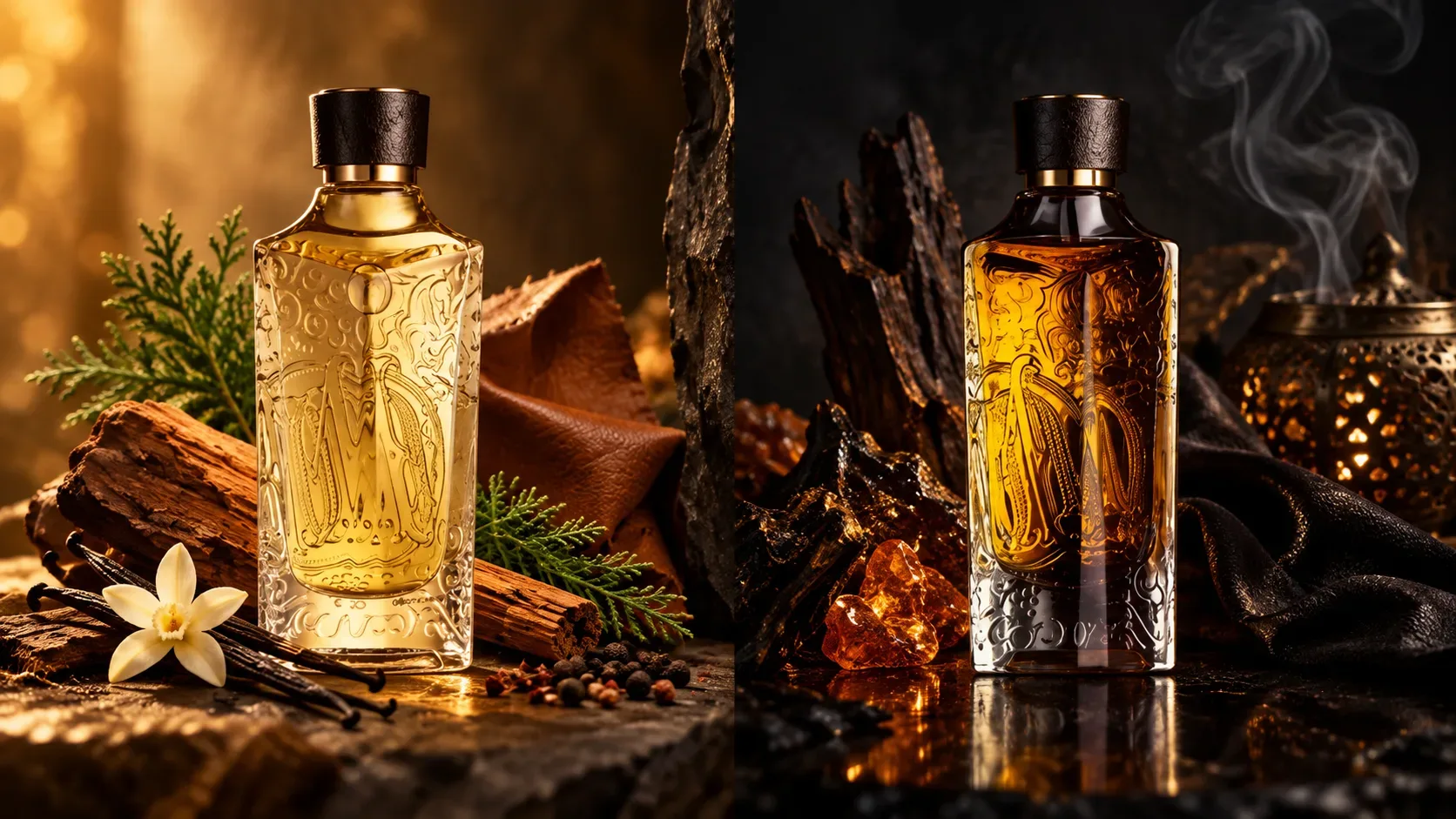 Dois frascos de perfume lado a lado: um em cenário âmbar com madeira, especiarias e baunilha e outro em cenário escuro com madeira resinosa, âmbar e fumaça.