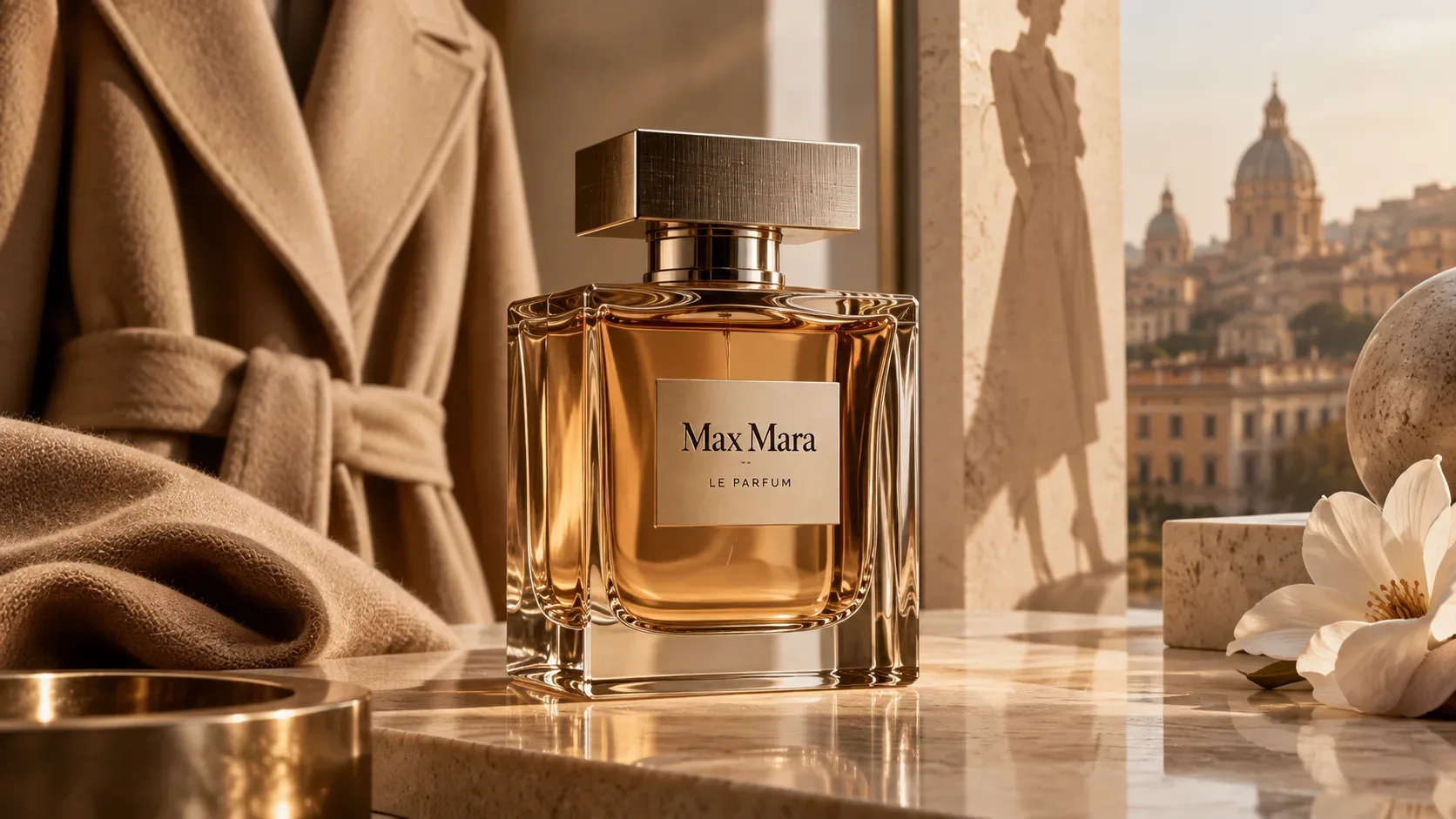 Frasco elegante de perfume âmbar sobre mármore, cercado por tecido camel, flor clara e referências visuais à alfaiataria de luxo.