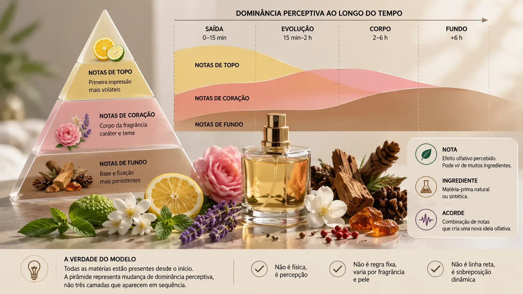 Frasco de perfume cercado por cítricos, flores e madeiras, com pirâmide olfativa e curvas sobrepostas de dominância perceptiva ao longo do tempo.