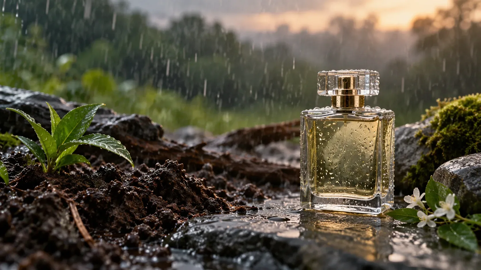 Frasco de perfume transparente sobre pedra molhada, cercado por terra úmida, folhas verdes e chuva ao fundo.