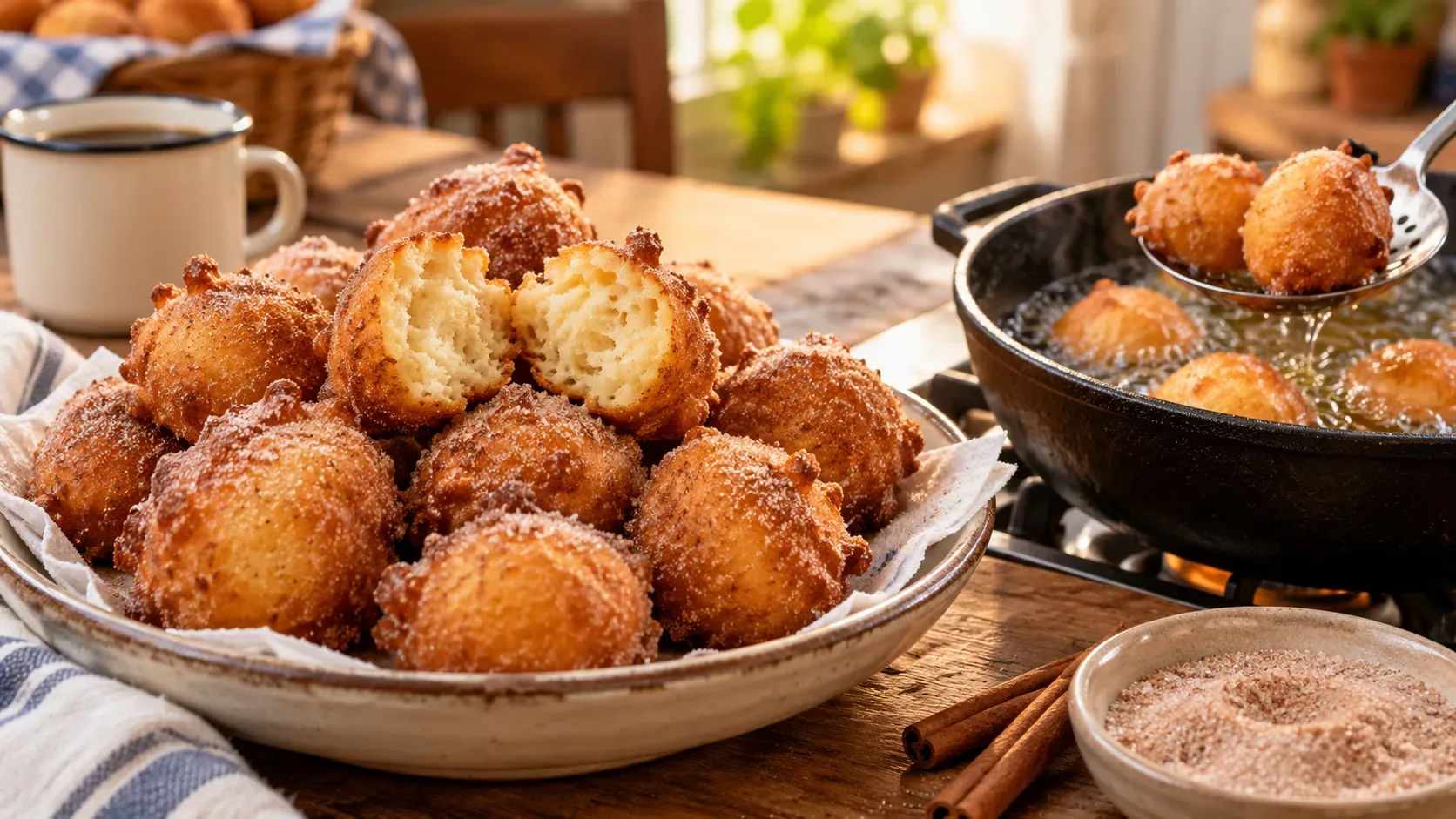 Bolinhos de chuva dourados com açúcar e canela, um aberto mostrando o miolo fofo, ao lado de uma panela com unidades fritando em óleo.