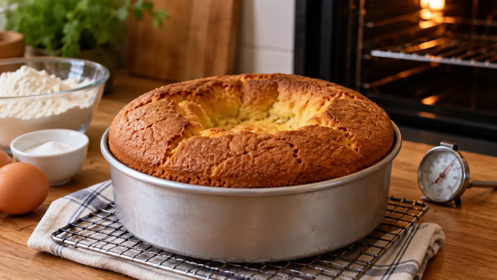 Bolo dourado com centro afundado em forma metálica sobre grade de resfriamento, ao lado de ingredientes e um termômetro de forno.