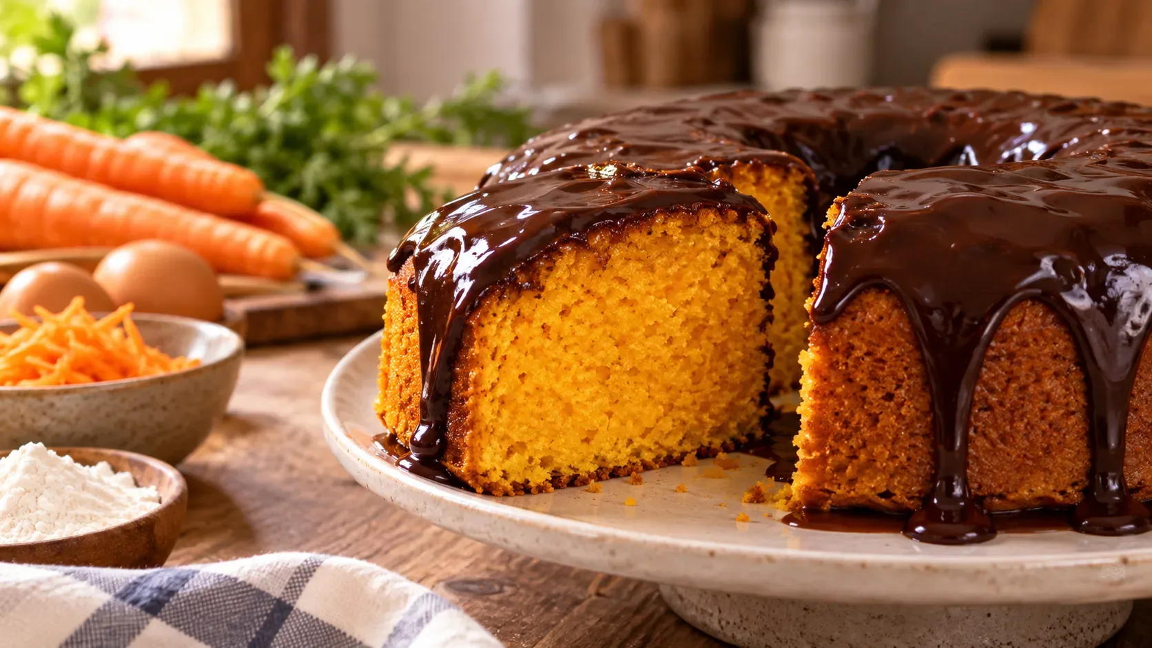 Bolo de cenoura em forma de anel com cobertura brilhante de chocolate e uma fatia cortada mostrando o miolo alaranjado, com cenouras, ovos e farinha ao fundo.