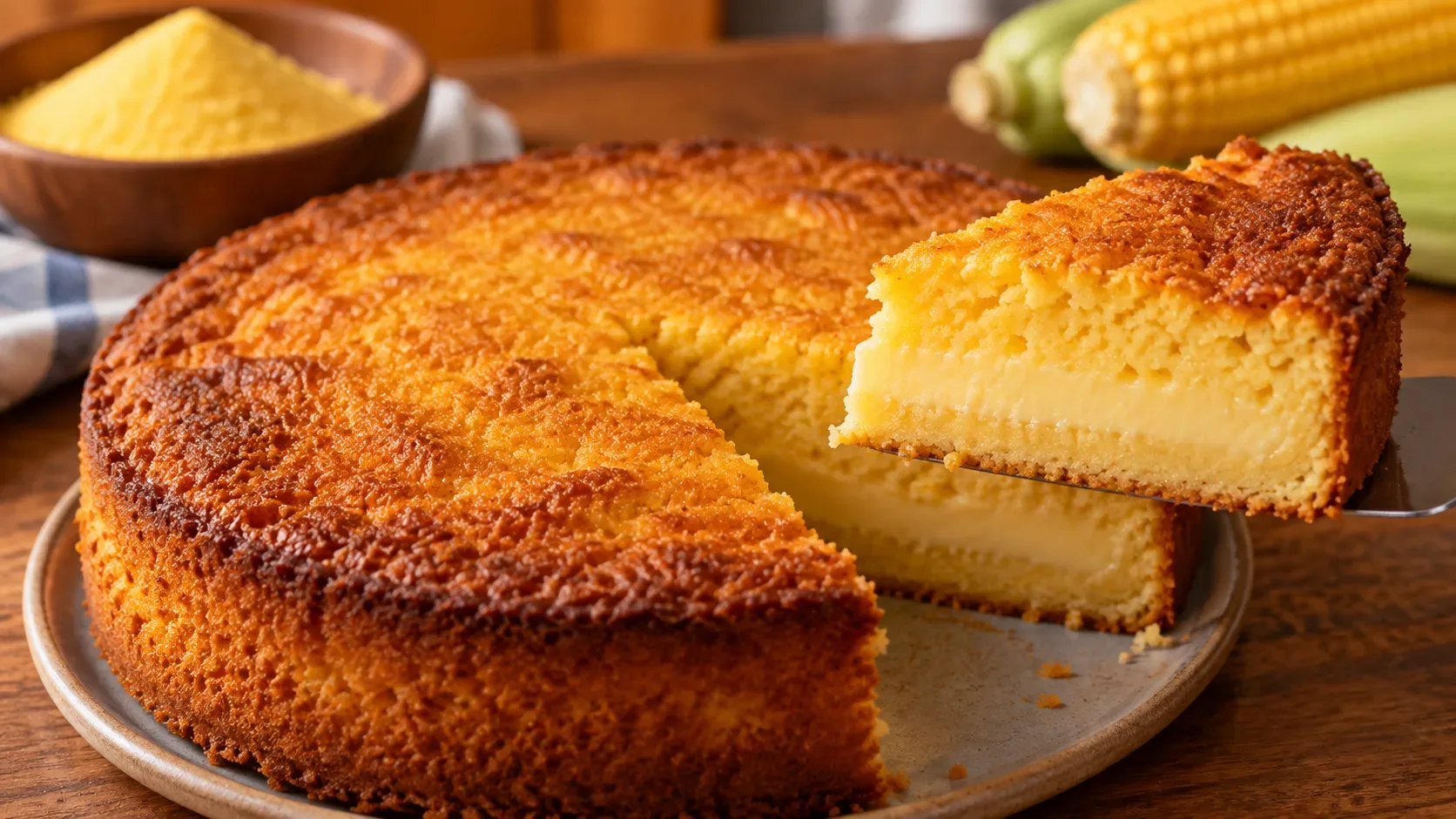 Bolo de fubá cremoso dourado com uma fatia levantada, revelando uma camada cremosa no centro, sobre mesa de madeira.