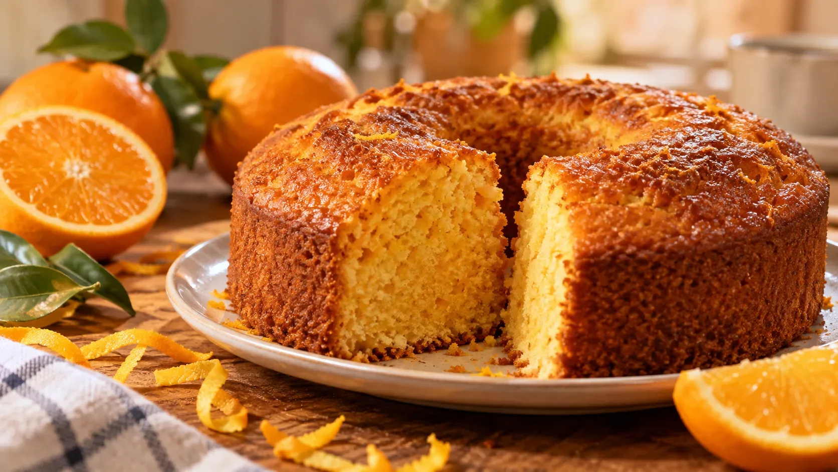 Bolo de laranja em forma de anel com uma fatia cortada, cercado por laranjas inteiras, metades e tiras de casca sobre mesa de madeira.
