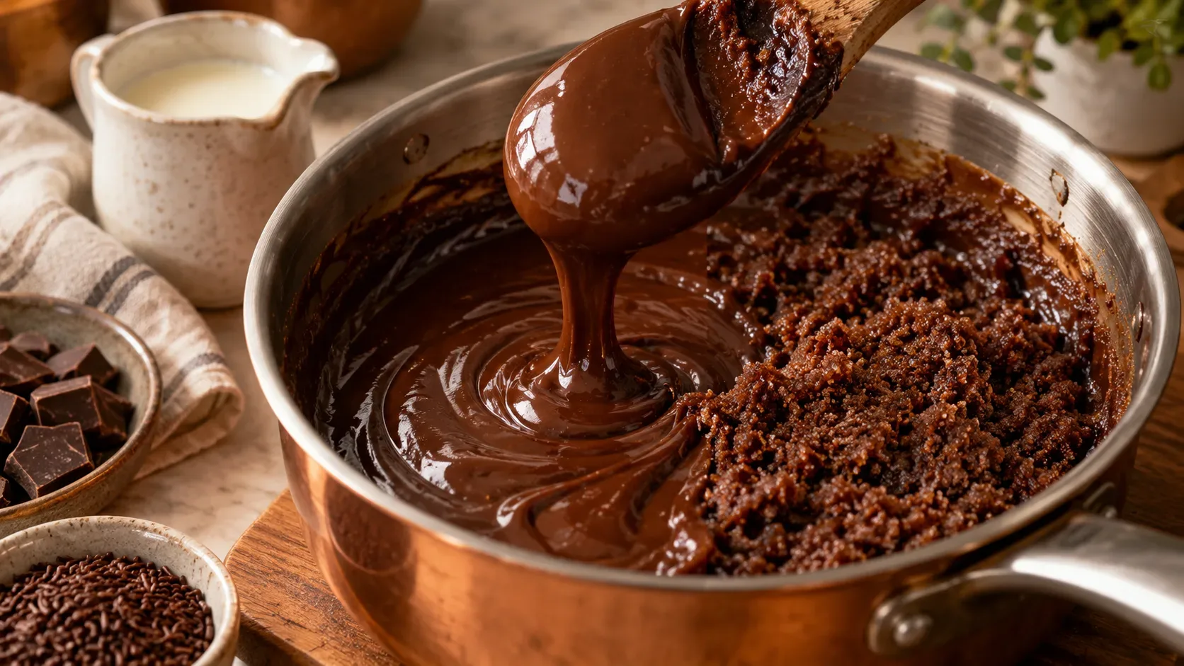 Panela de brigadeiro de chocolate com uma parte lisa e brilhante e outra granulosa e cristalizada, enquanto uma colher levanta a massa cremosa.