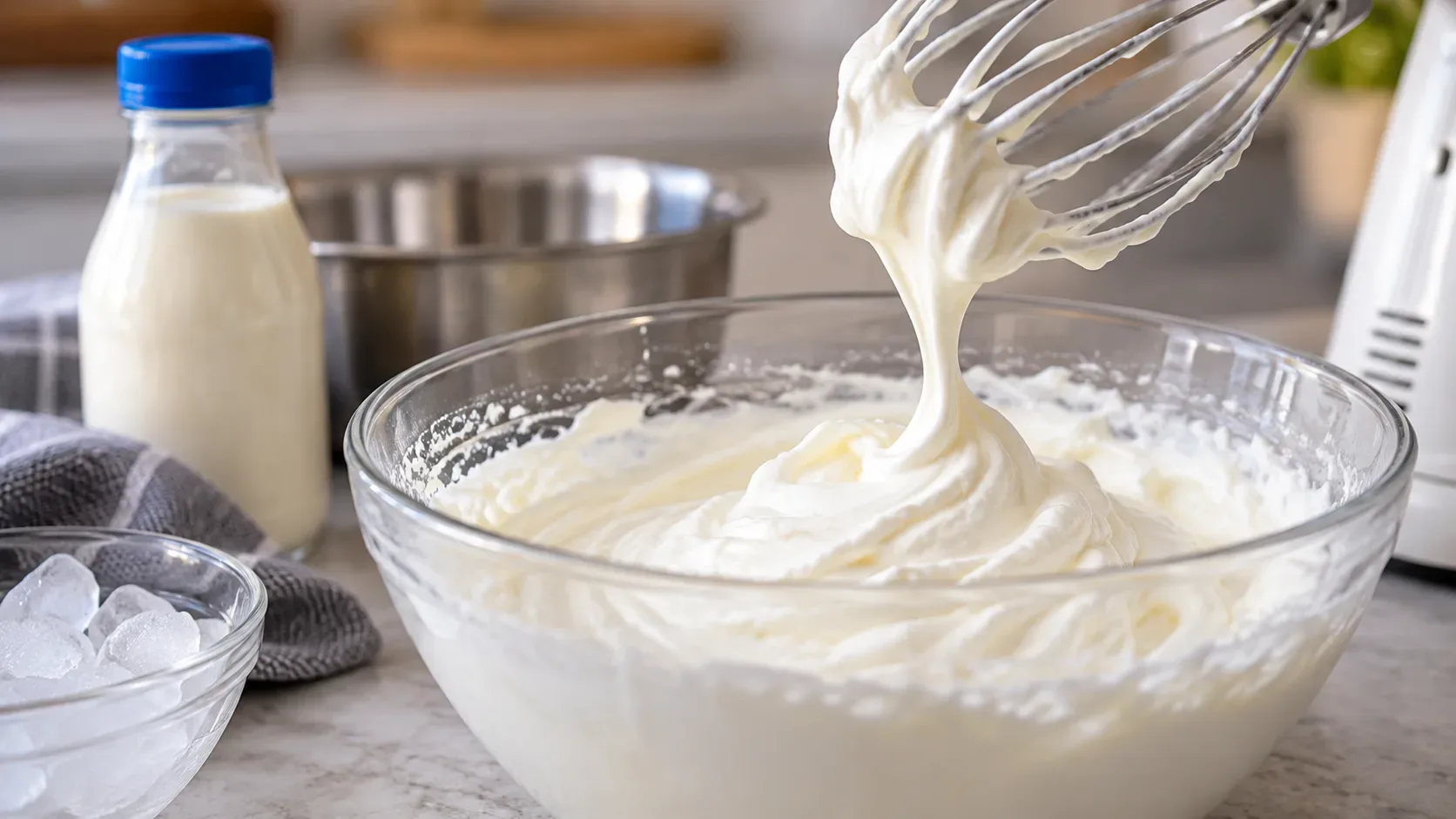 Tigela de vidro com chantilly sendo levantado por um batedor, ao lado de creme de leite, gelo e batedeira sobre a bancada.