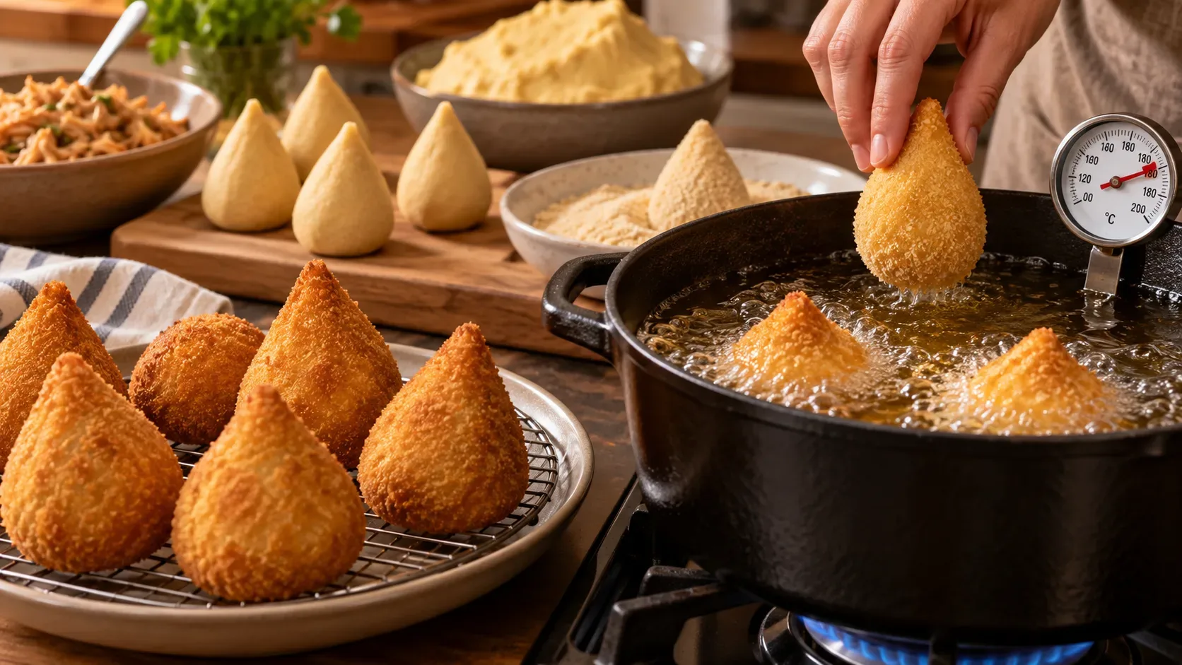 Coxinhas douradas e inteiras fritando em óleo quente, com termômetro próximo de 180 °C e coxinhas empanadas ao fundo.