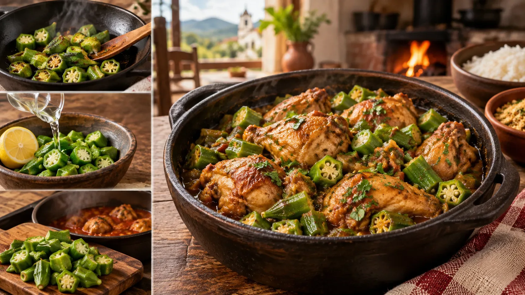 Panela rústica de frango dourado com quiabo ao centro, com cenas laterais de quiabo salteado, limão com líquido ácido e quiabo reservado para entrar no fim do cozimento.