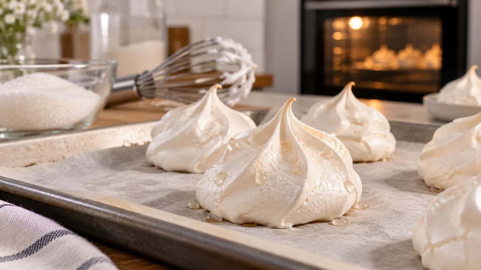 Suspiros de merengue sobre assadeira, com superfície brilhante e pequenas gotículas de umidade, ao lado de açúcar, fouet e forno.