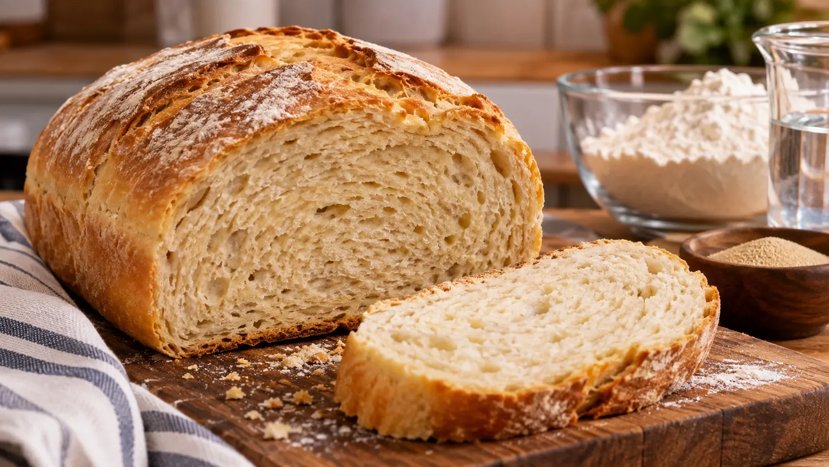 Pão caseiro fatiado com miolo compacto sobre tábua de madeira, ao lado de farinha, fermento e água.
