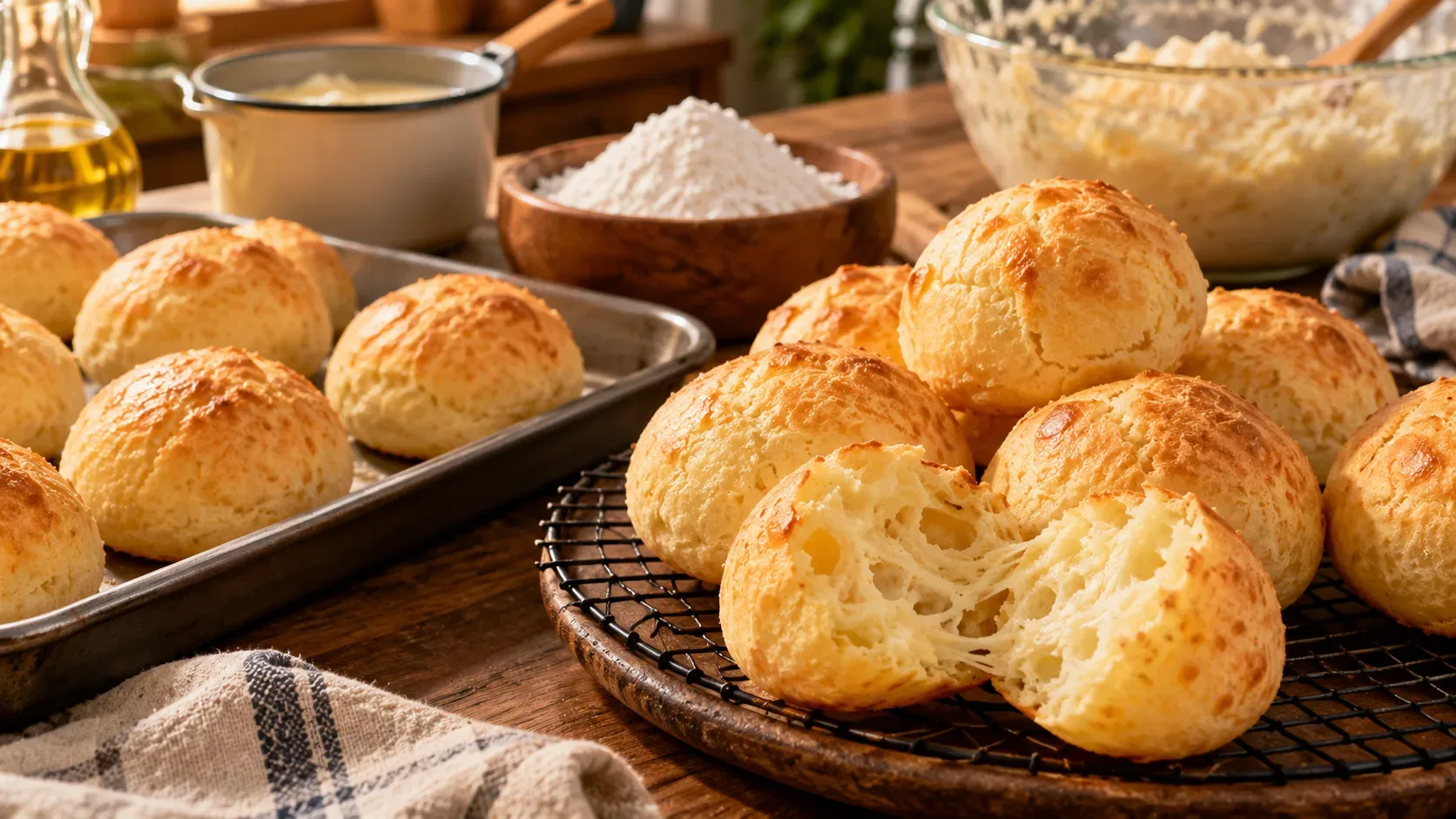 Pães de queijo dourados e bem crescidos sobre grade e assadeira, com um aberto ao meio e polvilho e massa ao fundo.