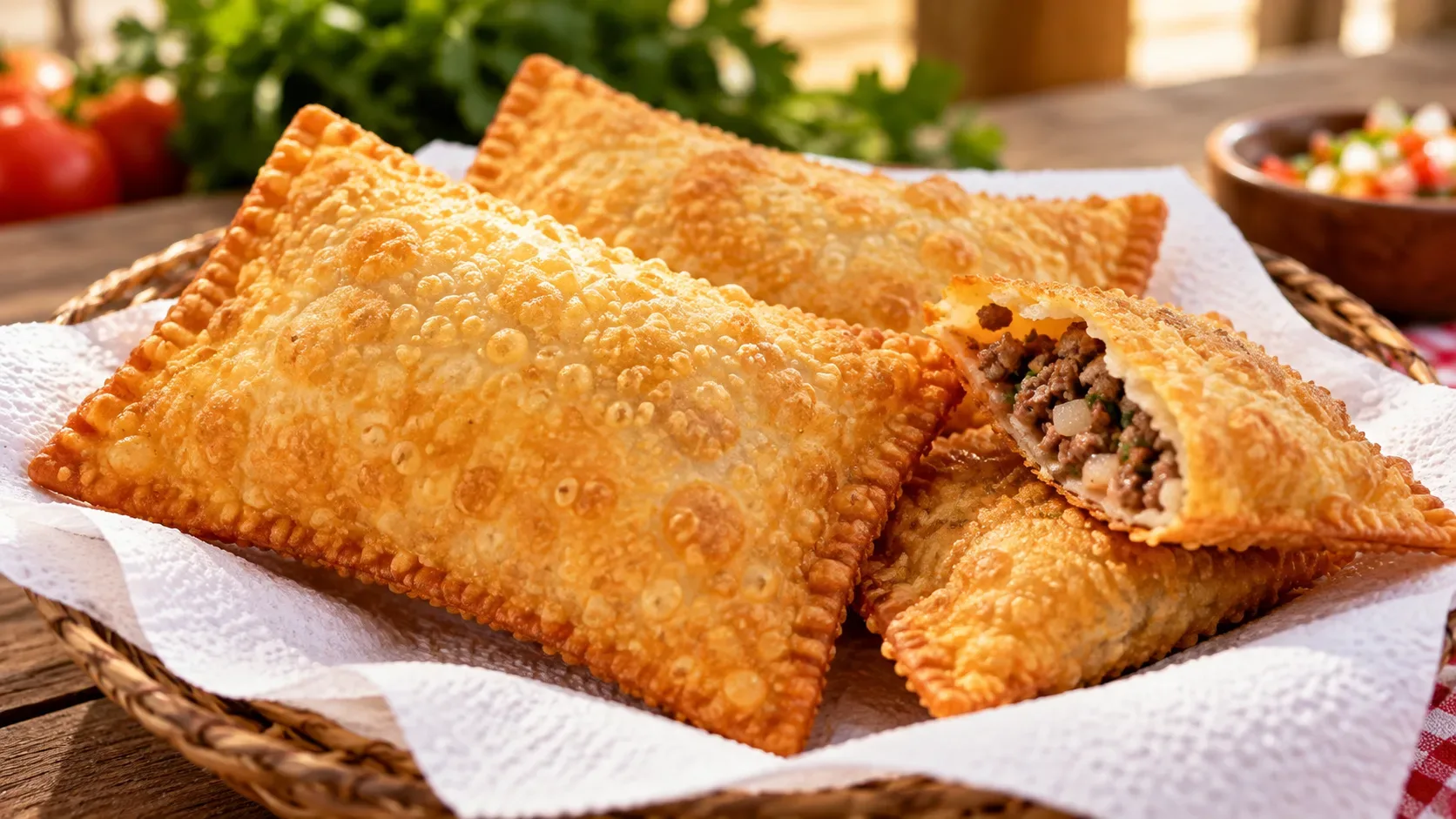 Pastéis caseiros dourados e crocantes em uma cesta forrada com papel, com um pastel aberto mostrando recheio de carne.