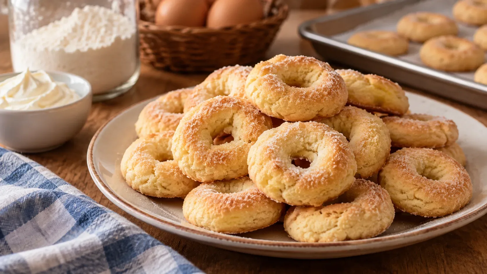 Prato com rosquinhas de nata douradas e macias sobre mesa de madeira, com farinha, ovos e uma tigela de nata ao fundo.