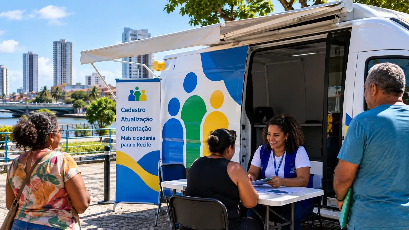 Van de atendimento social estacionada em área urbana do Recife, com uma agente atendendo moradores em mesa externa.