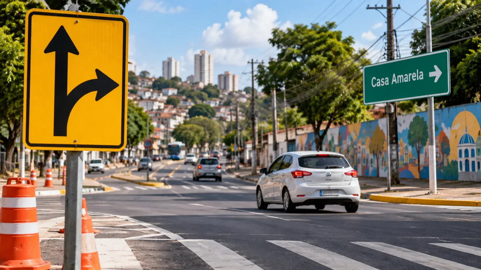 Cruzamento urbano com carros, cones e sinalização de mudança de sentido ao lado de placa indicando Casa Amarela.