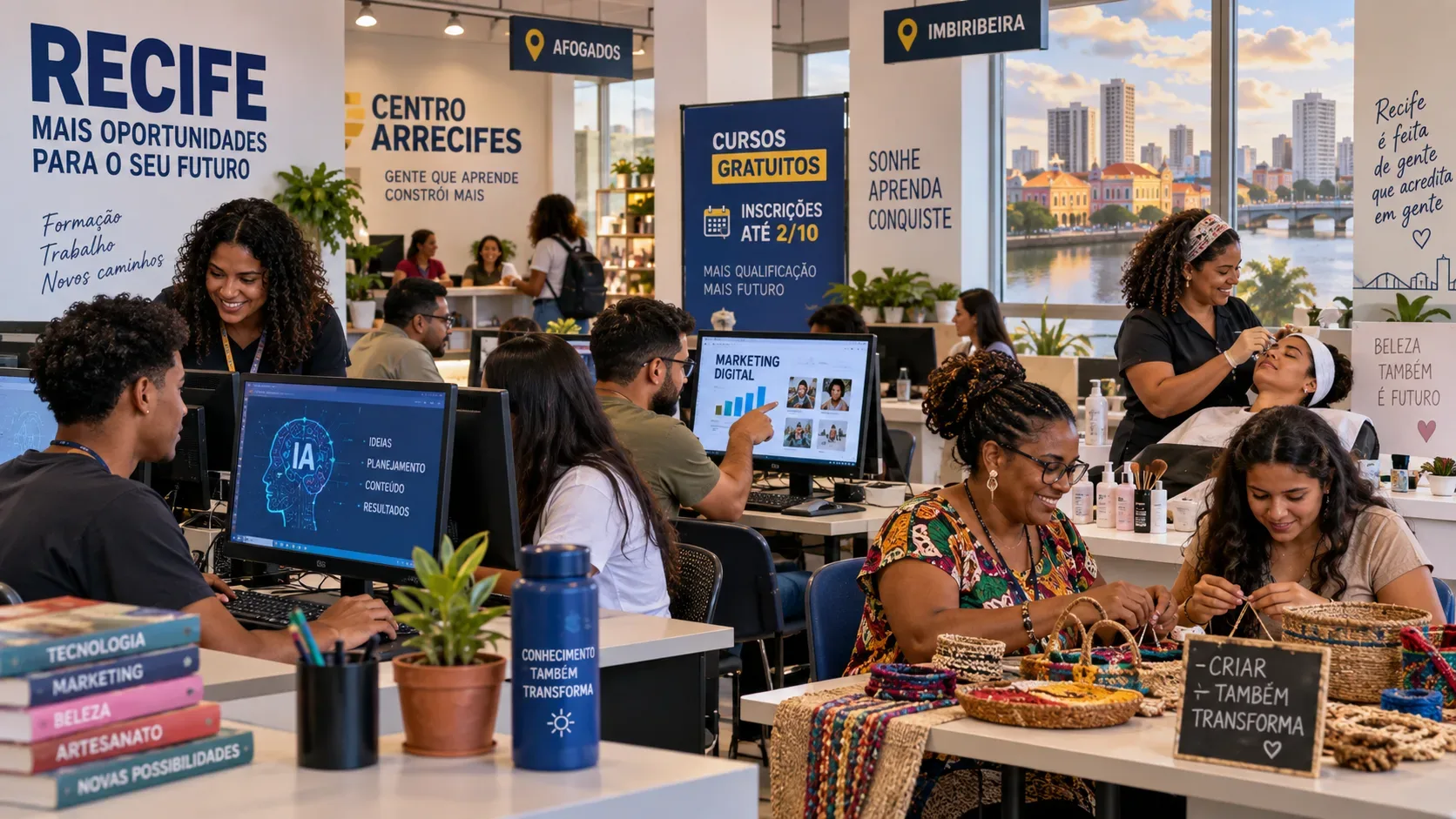 Sala de capacitação comunitária no Recife com participantes em computadores, oficina de artesanato e atendimento de beleza, com referências visuais a Afogados e Imbiribeira.