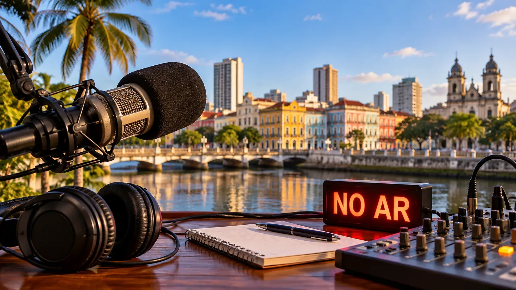 Microfone, fones, bloco de notas, mesa de áudio e placa luminosa “NO AR” diante de paisagem urbana com rio, ponte, casarões coloridos e torres ao fundo.