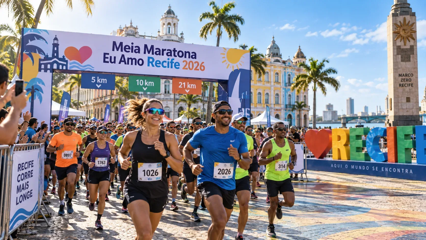 Corredores cruzam a largada no Marco Zero, em Recife, diante de um pórtico da Meia Maratona Eu Amo Recife e placas de 5 km, 10 km e 21 km.
