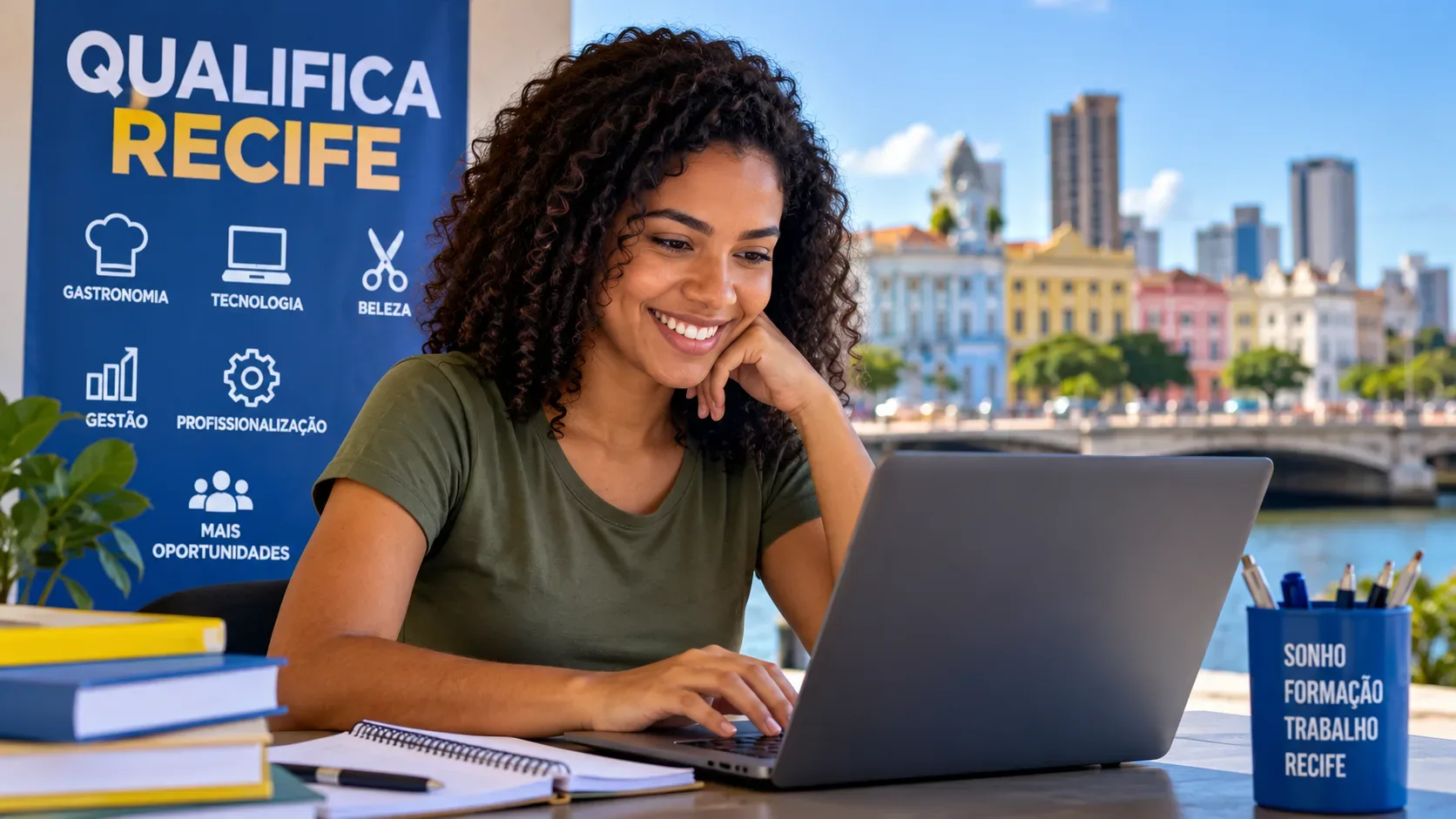 Jovem usando notebook diante de uma paisagem urbana do Recife, com painel azul sobre áreas de qualificação profissional ao lado.