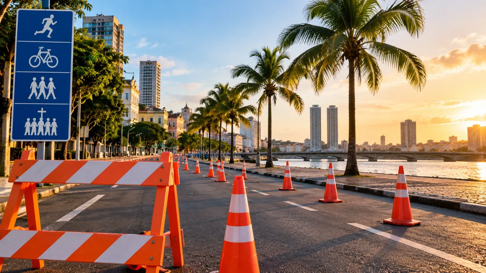 Avenida do Recife com cones e barreiras de trânsito ao entardecer, representando interdições temporárias para eventos